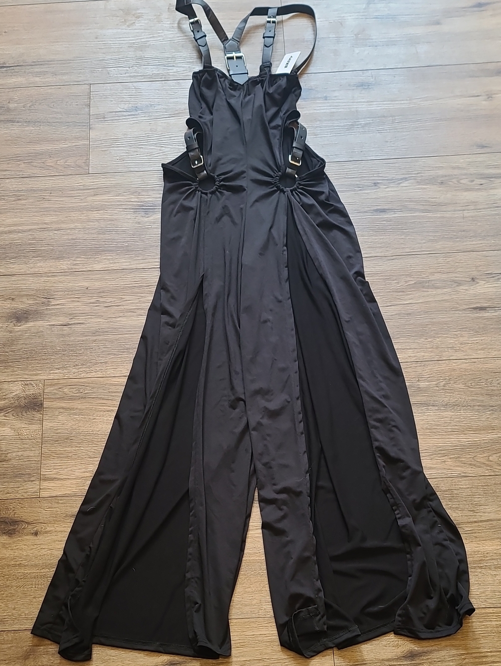 NWT Faux Leather Halter Jumpsuit, Side Cut Out, High Split Legs, Black, Sm